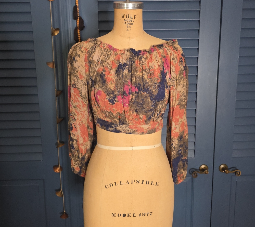 Women's Floral Peasant Blouse in Coral and Navy